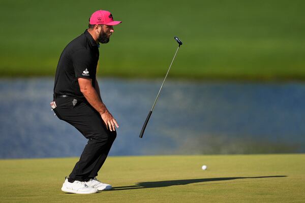 Jon Rahm, of Spain, reacts after missing a putt on the 16th hole during the final round of the PGA Championship golf tournament at the Quail Hollow Club, Sunday, May 18, 2025, in Charlotte, N.C. (AP Photo/George Walker IV)