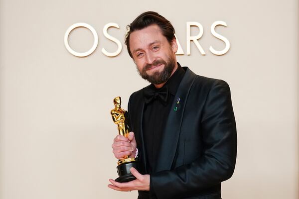 Kieran Culkin poses with the award for best performance by an actor in a supporting role for "A Real Pain" in the press room at the Oscars on Sunday, March 2, 2025, at the Dolby Theatre in Los Angeles. (Photo by Jordan Strauss/Invision/AP)