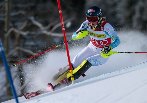 FILE - United States' Mikaela Shiffrin speeds down the course during the women's World Cup slalom ski race Saturday, Nov. 28, 2015, in Aspen, Colo. (AP Photo/Nathan Bilow, File)