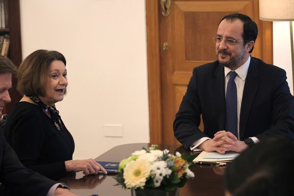 U.N. Under-Secretary-General for Political and Peacebuilding Affairs Rosemary DiCarlo, left, and the Cyprus' President Nikos Christodoulides talk during their meeting at the presidential palace in divided capital Nicosia, Cyprus, Monday, Feb. 10, 2025. (AP Photo/Petros Karadjias)