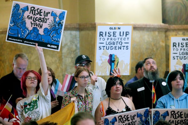 FILE - Kansas high school students, family members and advocates rally for transgender rights, Jan. 31, 2024, at the Statehouse in Topeka, Kan. (AP Photo/John Hanna, File)