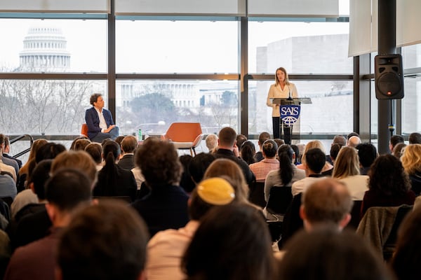 In this image provided by Johns Hopkins University, European Parliament President Roberta Metsola speaks at Johns Hopkins University, Thursday, Feb. 27, 2025, in Washington. (Kaveh Sardari/Johns Hopkins University via AP)