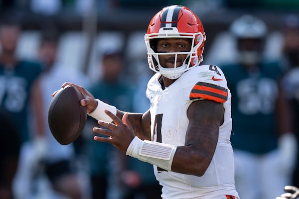 FILE - Cleveland Browns quarterback Deshaun Watson (4) in action during the NFL football game against the Philadelphia Eagles on Oct. 13, 2024, in Philadelphia. (AP Photo/Chris Szagola, File)