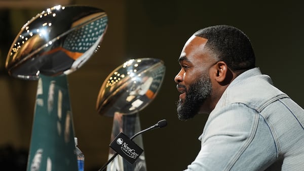 Brandon Graham speaks during a news conference announcing his retirement, Tuesday, March 18, 2025, at the Philadelphia Eagles' NFL football training facility in Philadelphia. (AP Photo/Matt Rourke