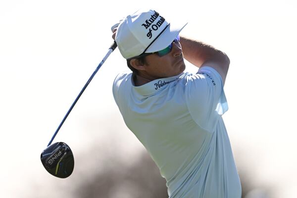 Joel Dahmen hits his tee shot on 14th hole on the South Course at Torrey Pines during the second round of the Farmers Insurance Open golf tournament Thursday, Jan. 23, 2025, in San Diego. (AP Photo/Denis Poroy)