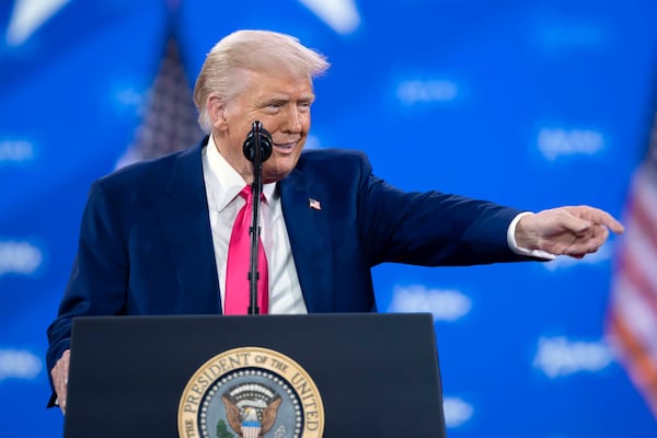 President Donald Trump speaks at the Conservative Political Action Conference, CPAC, at the Gaylord National Resort & Convention Center, Saturday, Feb. 22, 2025, in Oxon Hill, Md. (AP Photo/Jose Luis Magana)