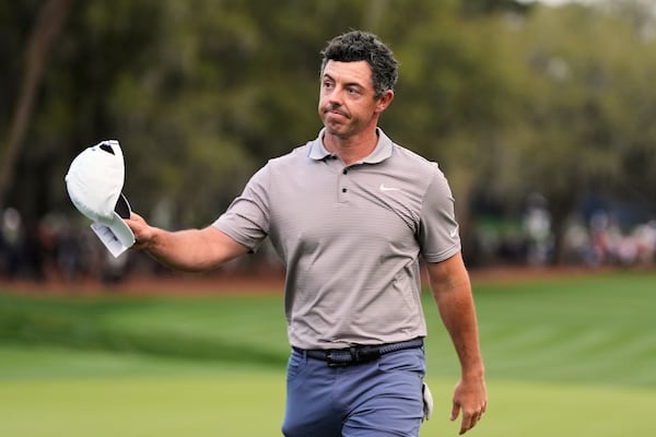 Rory McIlroy, of Northern Ireland, reacts after completing the 18th hole during the final round of The Players Championship golf tournament Sunday, March 16, 2025, in Ponte Vedra Beach, Fla. (AP Photo/Julia Demaree Nikhinson)