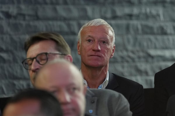 France head coach Didier Deschamps attends the UEFA Preliminary Draw for the 2026 FIFA World Cup at FIFA headquarters in Zurich, Switzerland, Friday, December 13, 2024. (AP Photo/Martin Meissner)