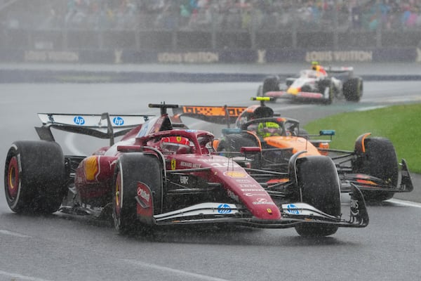 Ferrari driver Charles Leclerc of Monaco steers his car during the Australian Formula One Grand Prix at Albert Park, in Melbourne, Australia, Sunday, March 16, 2025. (AP Photo/Scott Barbour)