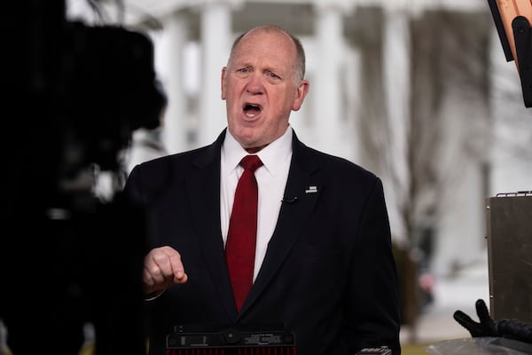 White House border czar Tom Homan speaks with reporters outside the White House, Thursday, Feb. 6, 2025, in Washington. (AP Photo/Evan Vucci)