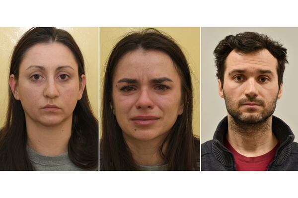 FILE - This undated combo of pictures released by the Metropolitan Police shows from left, Katrin Ivanova, Vanya Gaberova and Tihomir Ivanchev, who were convicted in the U.K. of spying for Russia. (Metropolitan Police via AP, File)