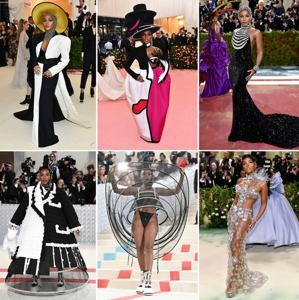 This combination of photos shows Janelle Monae's fashion outfits at The Metropolitan Museum of Art's Costume Institute benefit gala across several years. (AP Photo)