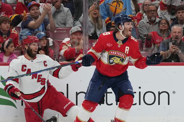 Florida Panthers left wing Matthew Tkachuk (19) reacts to a call against him during the second period in Game 4 of the NHL hockey Stanley Cup Eastern Conference finals against the Carolina Hurricanes, Monday, May 26, 2025, in Sunrise, Fla. (AP Photo/Lynne Sladky)