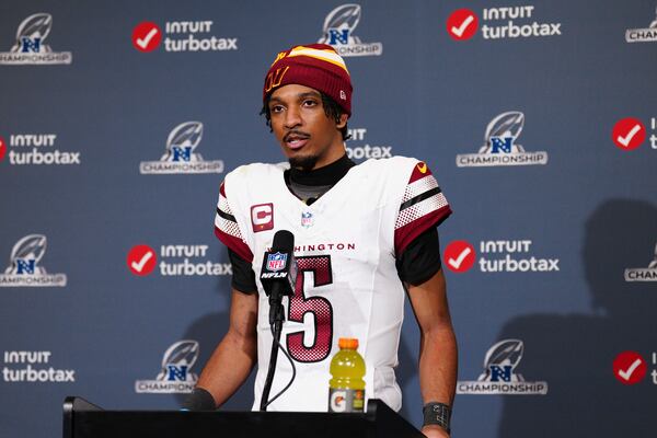 Washington Commanders quarterback Jayden Daniels answers a question during a news conference after the NFC Championship NFL football game against the Philadelphia Eagles, Sunday, Jan. 26, 2025, in Philadelphia. (AP Photo/Derik Hamilton)