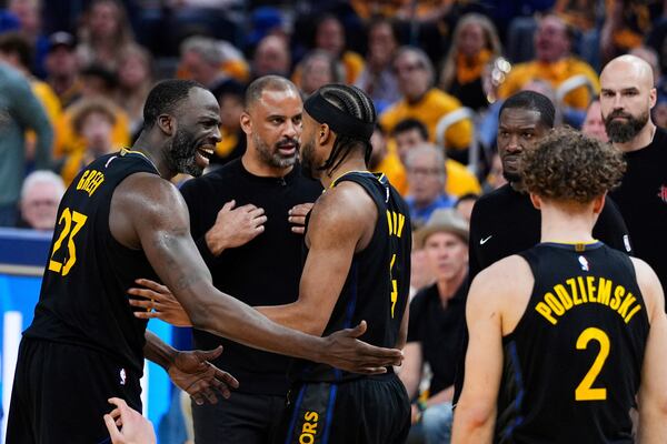 Golden State Warriors forward Draymond Green (23) reacts during the second half of Game 6 of an NBA basketball first-round playoff series against the Houston Rockets, Friday, May 2, 2025, in San Francisco. (AP Photo/Godofredo A. Vásquez)
