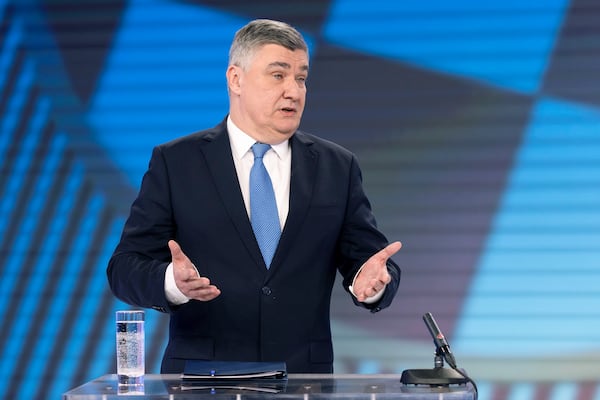 Croatian President incumbent Zoran Milanovic gestures during a TV debate, ahead of the run-off of the Croatian presidential election, in Zagreb, Croatia, Tuesday, Jan. 7, 2025. (Damir Sencar/Pool Photo via AP)