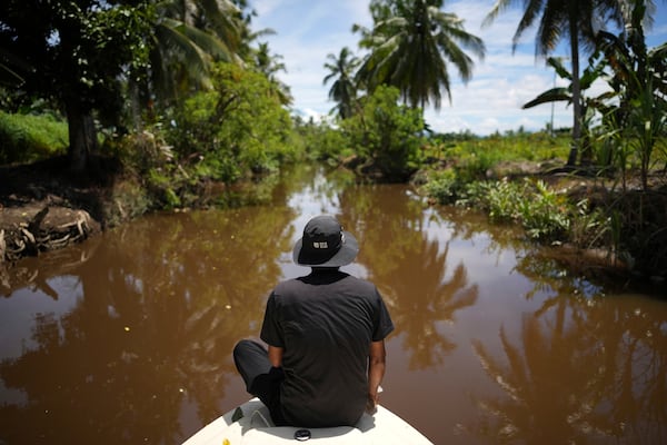 Rusli Paraili, a crocodile handler, sits on the bow of a boat while looking for crocodiles on a river in Budong-Budong, Sulawesi Island, Indonesia, Tuesday, Feb. 25, 2025. (AP Photo/Dita Alangkara)