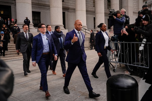 New York City Mayor Eric Adams departs court, Wednesday, Feb. 19, 2025, in New York. (AP Photo/Julia Demaree Nikhinson)