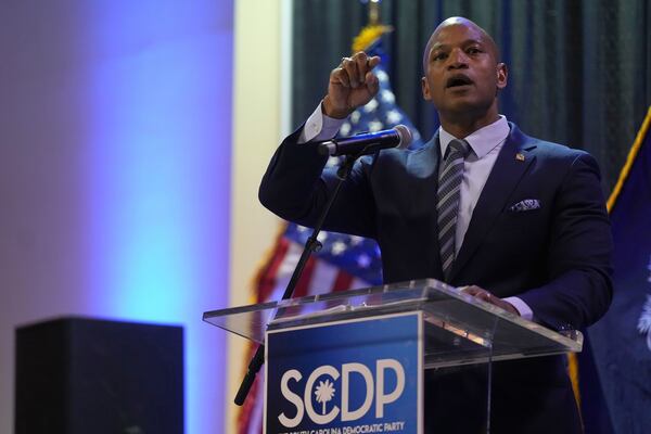 Maryland Gov. Wes Moore speaks at the South Carolina Democratic Party's Blue Palmetto Dinner Friday, May 30, 2025, in Columbia, S.C. (AP Photo/Meg Kinnard)