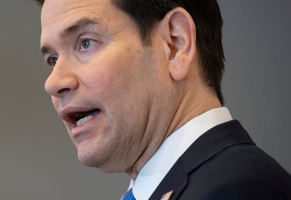 US Secretary of State Marco Rubio speaks to the media during a refueling stop at Shannon Airport in Shannon, Ireland, on Wednesday, March 12, 2025. (Saul Loeb/Pool Photo via AP)