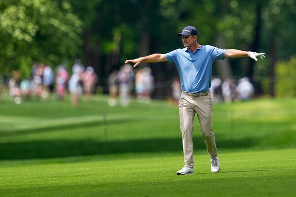 Justin Rose, of England, walks on the second hole during a practice round for the PGA Championship golf tournament at the Quail Hollow Club, Wednesday, May 14, 2025, in Charlotte, N.C. (AP Photo/David J. Phillip)