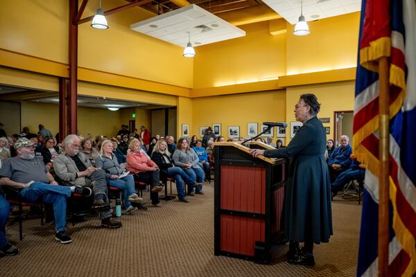 Rep. Harriet Hageman, R-Wyo., holds a town hall meeting on Friday, March 14, 2025, in Evanston, Wyo. (AP Photo/Spenser Heaps)