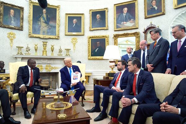 President Donald Trump meets South Africa's President Cyril Ramaphosa in the Oval Office of the White House, Wednesday, May 21, 2025, in Washington. (AP Photo/Evan Vucci)