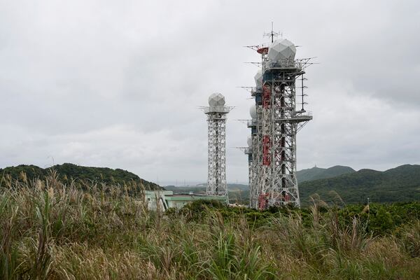 Radar towers set up by the Japan Self-Defense Forces (JSDF) stand on Yonaguni, a tiny island on Japan's western frontier, Friday, Feb. 14, 2025. (AP Photo/Ayaka McGill)