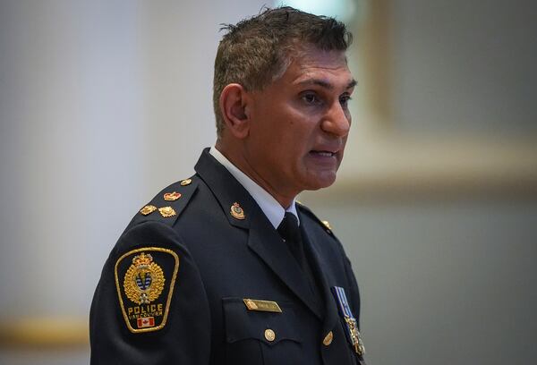 Interim Vancouver Police Chief Steve Rai speaks after mass at Holy Rosary Cathedral on a provincial day of mourning for the victims of the vehicle-ramming attack at the Filipino community's Lapu Lapu Day festival last week, in Vancouver, on Friday, May 2, 2025. (Darryl Dyck/The Canadian Press via AP)