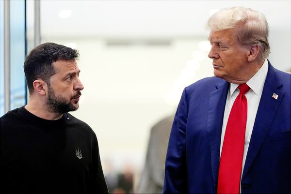 FILE - Former President Donald Trump meets with Ukrainian President Volodymyr Zelenskyy at Trump Tower, Sept. 27, 2024, in New York. (AP Photo/Julia Demaree Nikhinson, File)