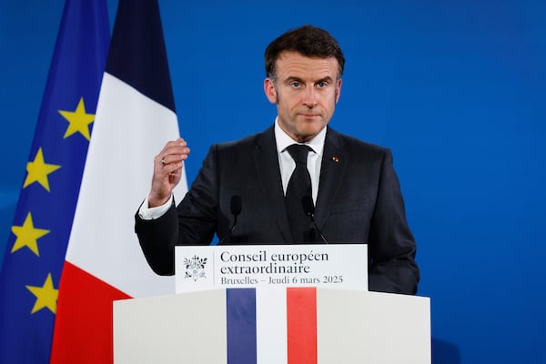 French President Emmanuel Macron speaks during a media conference at an EU Summit in Brussels, Thursday, March 6, 2025. (AP Photo/Omar Havana)