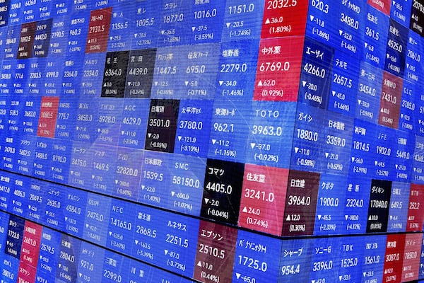 An electronic stock board shows Japan's stock prices in Tokyo Tuesday, March 11, 2025. (Kyodo News via AP)