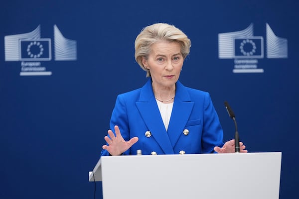 European Commission President Ursula von der Leyen speaks during a media conference on the defense package at EU headquarters in Brussels, Tuesday, March 4, 2025. (AP Photo/Virginia Mayo)