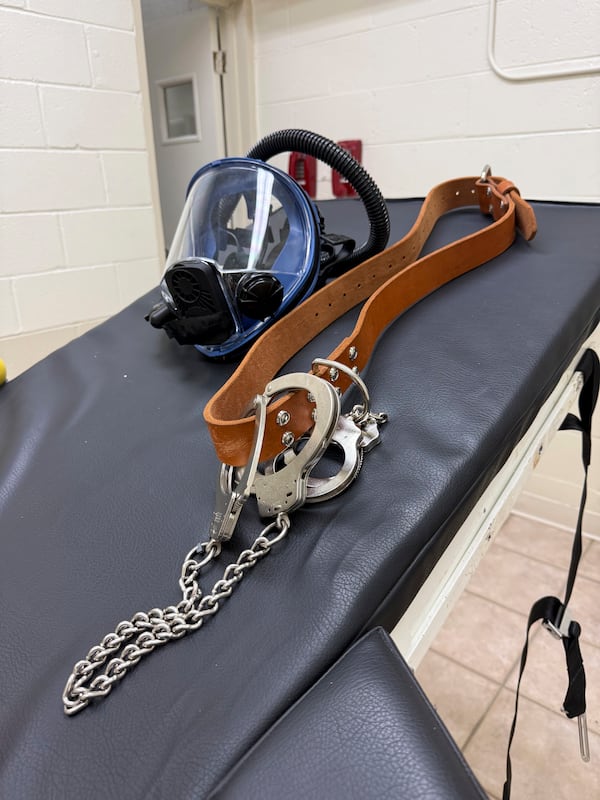 An undated photo provided by The Promise of Justice Initiative shows the gurney and gas mask in the new execution chamber at the Louisiana State Penitentiary. (The Promise of Justice Initiative via AP)