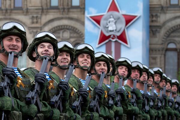 FILE - Russian troops march during the Victory Day parade celebrating the end of World War II in Red Square in Moscow on May 9, 2019. (AP Photo/Alexander Zemlianichenko, File)