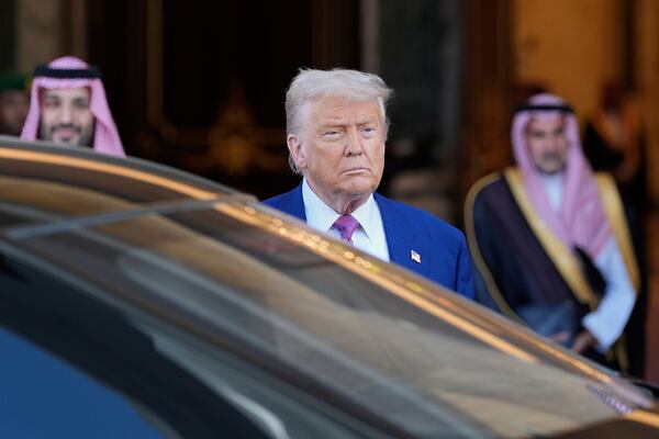 President Donald Trump looks on as he leaves the Royal Palace after a signing ceremony with Saudi Crown Prince Mohammed bin Salman in Riyadh, Saudi Arabia, Tuesday, May 13, 2025. (AP Photo/Alex Brandon)