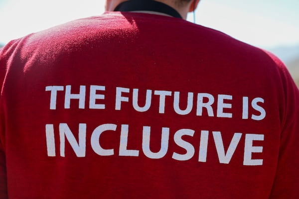 The shirt of Ian Castro, a doctoral candidate in geoscience education at the University of Cincinnati, is seen during an accessible field trip to the San Andreas Fault organized by the International Association of Geoscience Diversity Thursday, Sept. 26, 2024, in San Bernadino, Calif. (AP Photo/Ryan Sun)