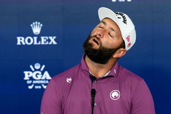 Jon Rahm, of Spain, speaks during a news conference at the PGA Championship golf tournament at the Quail Hollow Club, Tuesday, May 13, 2025, in Charlotte, N.C. (AP Photo/Matt York)