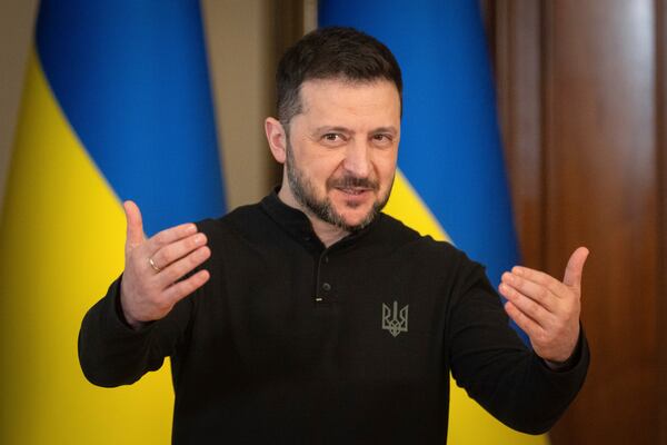 Ukrainian President Volodymyr Zelenskyy speaks during a briefing in Kyiv, Ukraine, Wednesday, March 12, 2025. (AP Photo/Efrem Lukatsky)