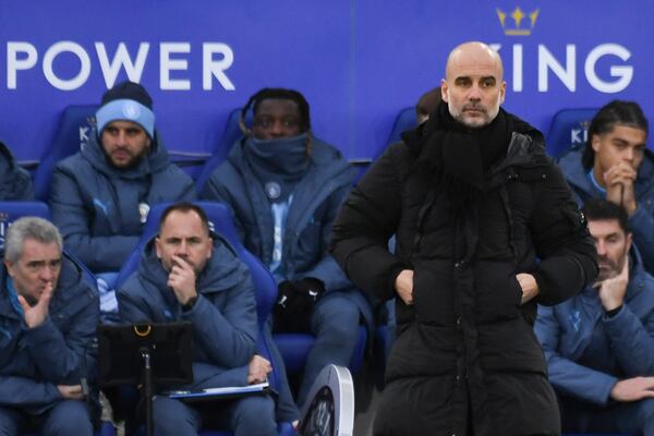 Manchester City's head coach Pep Guardiola reacts during the English Premier League soccer match between Leicester City and Manchester City at King Power stadium in Leicester, England, Sunday, Dec. 29, 2024. (AP Photo/Rui Vieira)