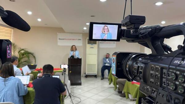 Anne Barrett Doyle, Co-Director of BishopAccountability.org, a United States-based watchdog, speaks at a news conference in Manila on Jan.29, 2025 where they launched an online database on more than 80 Roman Catholic priests who have been accused of sexually abusing minors in the Philippines. (AP Photo/Joeal Calupitan)