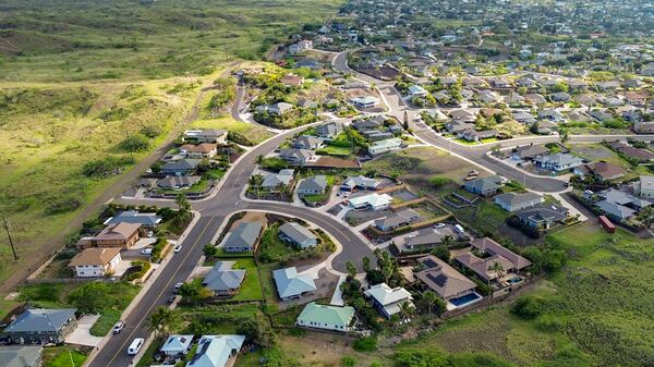 An aerial view shows the landscape of Waikoloa Village, Tuesday, Feb. 25, 2025, in Hawaii. (AP Photo/Mengshin Lin)