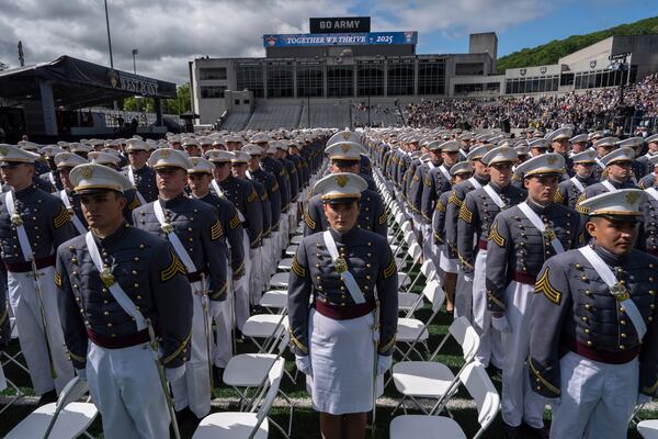 United States Military Academy graduating cadets line up during commencement ceremonies in West Point, N.Y., Saturday, May 24, 2025. (AP Photo/Adam Gray)