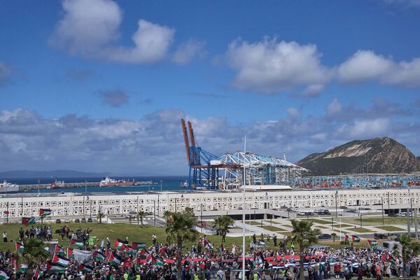 Moroccans protest the docking of a Maersk cargo ship carrying airplane parts they suspect are headed to Israel, outside Tangier Med Port, Sunday, April 20, 2025. (AP Photo/Mosa'ab Elshamy)