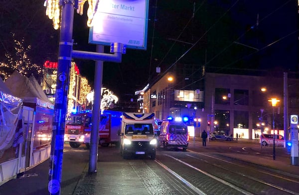 Emergency services attend an incident at the Christmas market in Magdeburg, Germany, Friday Dec. 20, 2024. (Dörthe Hein/dpa via AP)