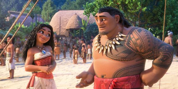 This image released by The Walt Disney Studios shows the characters Moana, voiced by Auli'i Cravalho, left, and Chief Tui, voiced by Temuera Morrison, in a scene from "Moana 2." (The Walt Disney Studios via AP)