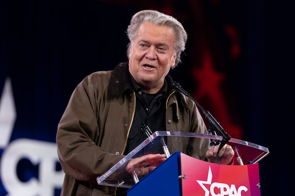 Steve Bannon speaks at the Conservative Political Action Conference, CPAC, at the Gaylord National Resort & Convention Center, Thursday, Feb. 20, 2025, in Oxon Hill, Md. (AP Photo/Jose Luis Magana)