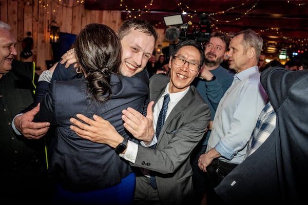 Chairman of Demokraatit, Jens-Frederik Nielsen, during the election party at Demokraatit by cafe Killut in Nuuk, early Wednesday, March 12, 2025. (Mads Claus Rasmussen/Ritzau Scanpix via AP)