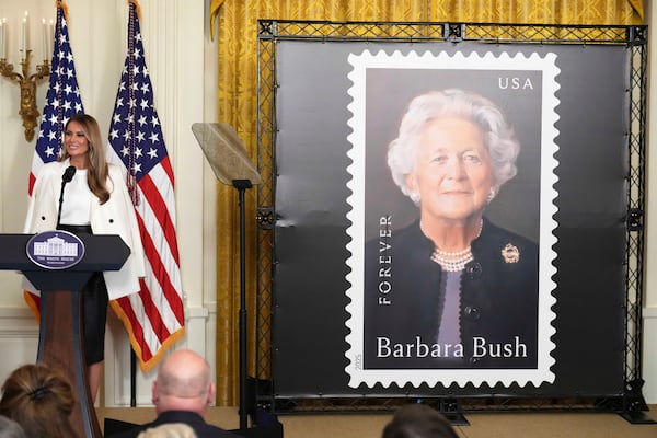 First lady Melania Trump speaks during the unveiling of a U.S. Postal Service Stamp honoring former first lady Barbara Bush, Thursday, May 8, 2025, in the East Room of the White House in Washington. (AP Photo/Jacquelyn Martin)