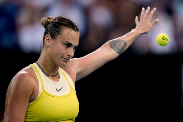 Aryna Sabalenka of Belarus reacts during her quarterfinal match against Anastasia Pavlyuchenkova of Russia during their quarterfinal match at the Australian Open tennis championship in Melbourne, Australia, Tuesday, Jan. 21, 2025. (AP Photo/Ng Han Guan)